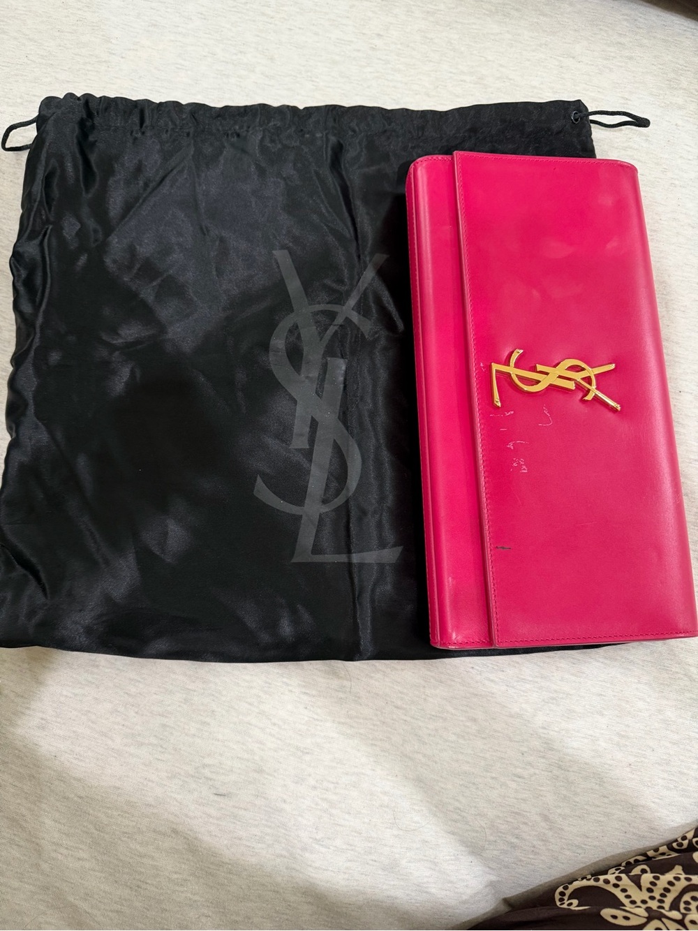 Saint Laurent Hot Pink Leather YSL Flap Clutch with Gold Logo